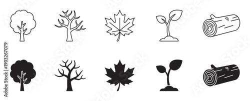 Black tree and plant life cycle icons featuring a full tree, bare tree, maple leaf, seedling, and log, presented in a minimalist line art and solid fill vector style