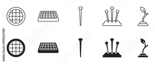 Set of black and white icons for gardening and sewing, including a sieve, seed tray, pins, pincushion, and sprout, presented in both outline and solid silhouette styles