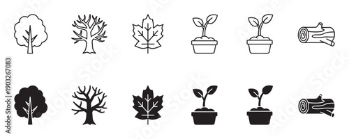Set of black tree and plant icons in line and glyph styles showing a full tree, bare tree, maple leaf, seedling, and log for ecology and nature concepts
