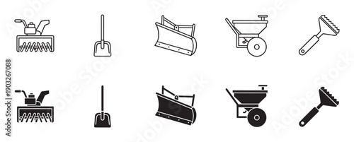 Collection of snow removal tool icons presented in two distinct styles, line art and solid glyph, depicting a snow blower, shovel, plow, salt spreader, and ice scraper