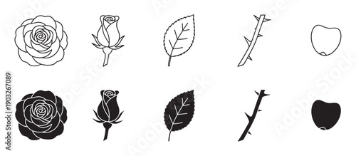 Set of black rose icons showing different parts of the plant, including the bloom, bud, leaf, thorny stem, and petal, presented in both minimalist outline and silhouette styles