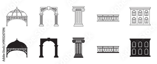 Set of black architectural element icons featuring a gazebo, arch, column, balcony, and building facade in both outline and silhouette styles for graphic design