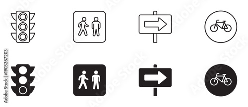 Collection of minimalist traffic and street sign icons featuring a traffic light, pedestrian crossing, directional arrow, and bicycle symbol, presented in both outline and solid black styles