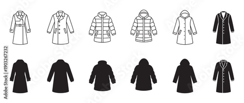 Collection of outerwear coat and jacket icons in line art and solid glyph styles showing various designs like trench, puffer, and parka