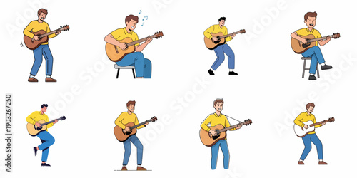 Set of eight cartoon illustrations showing men happily playing acoustic guitars in different standing and sitting poses, enjoying music and performance.