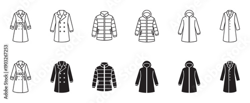 Various winter coat and jacket vector icons presented in two different styles, including minimalist line art and solid black glyph silhouettes for graphic design
