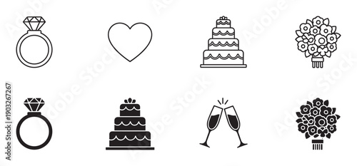 Set of wedding icons in line and solid styles showing a diamond ring, heart, tiered cake, flower bouquet, and clinking champagne glasses for a romantic celebration