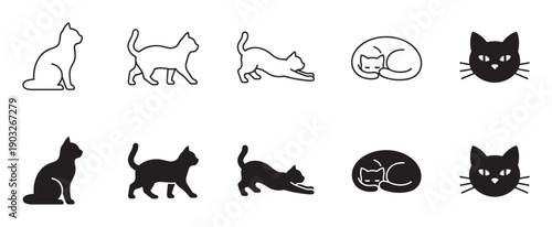 Set of black cat icons presented in both silhouette and line art styles, depicting various poses such as sitting, walking, stretching, and sleeping in a minimalist design