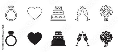 Wedding icon set with engagement ring, heart, cake, champagne glasses, and bouquet in two styles, black line art and solid silhouette glyphs for celebration design