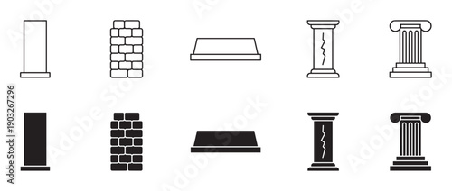 Set of black pillar and column icons showing different architectural elements in both outline and solid silhouette styles for graphic design and web interface use