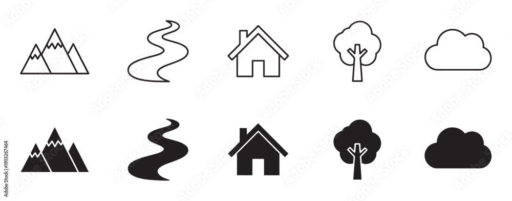 Fototapeta premium Set of black nature icons including mountains, river, house, tree, and cloud, presented in both simple outline and solid silhouette styles for graphic design