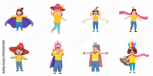Happy little girls playing dress-up in colorful costumes, imagining themselves as superheroes, princesses, and various fun characters.