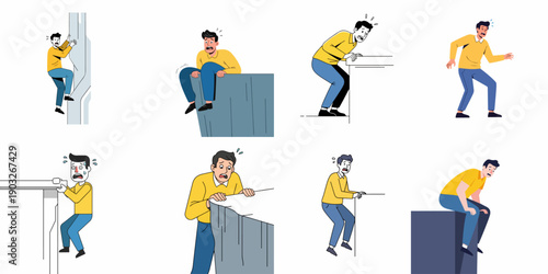 Vector set illustrating a stressed and scared man in precarious situations, including climbing, hanging, and sitting on a cliff edge, depicting fear and anxiety.
