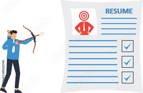 Businessman aiming bow arrow job search resume application career goal recruitment target hiring process candidate selection employment opportunity professional development