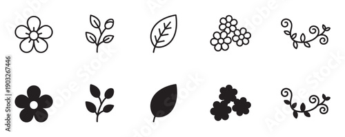 Set of black floral and botanical icons in simple outline and silhouette styles, featuring flowers, leaves, branches, and decorative vines for graphic design elements