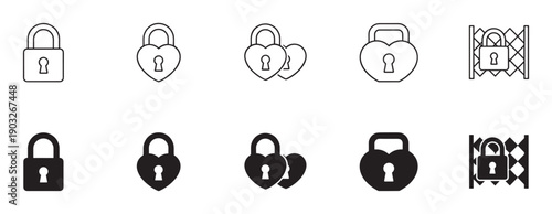 Set of ten black padlock icons in line art and silhouette styles, including heart shapes for love, commitment, and romance concepts, presented as a graphic vector collection