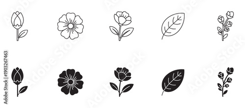 Collection of minimalist flower icons in both outline and solid silhouette styles, featuring various botanical elements like blossoms, buds, leaves, and stems for design