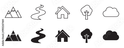 Set of black nature icons including mountains, river, house, tree, and cloud, presented in both simple outline and solid silhouette styles for graphic design