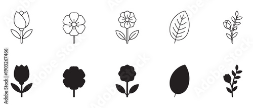 Set of ten simple flower and leaf icons, including a tulip and rosebud, presented as both thin black line art and solid filled silhouette graphic elements
