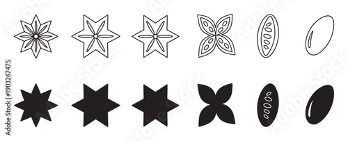 Set of black star anise icons showing the spice in various minimalist styles, including outline drawings and solid silhouettes for graphic design and culinary concepts