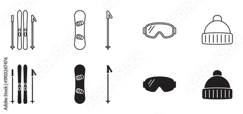 Black and white winter sport equipment icons featuring skis, a snowboard, goggles, and a beanie hat in minimalist outline and solid silhouette vector illustration styles