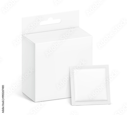 Hanging packaging box with sachet mockup. Half side view. Vector illustration isolated on grey background. Ready and simple to use for your design. EPS10.