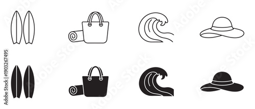 Summer beach icon collection featuring surfboards, a tote bag with a towel, an ocean wave, and a sun hat, presented in both minimalist line art and solid black glyph styles