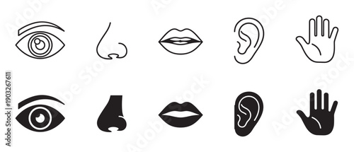 Five senses icon set with line and solid glyph styles representing sight, smell, taste, hearing, and touch for perception and sensory concepts in a minimalist black design