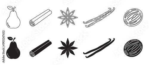 Black and white fruit and spice icons featuring pear, cinnamon, star anise, vanilla, and nutmeg, presented in both minimalist line art and solid silhouette vector styles