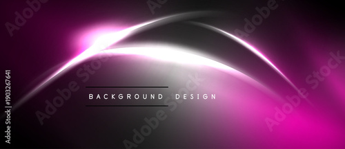 Abstract pink, white light curves over dark background. Modern design element for digital projects, presentations. Simple, elegant.