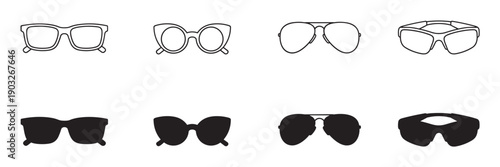 Set of eight different sunglasses icons showing various fashion styles like aviator and cat-eye, presented as simple black outlines and solid silhouettes in a clean graphic illustration
