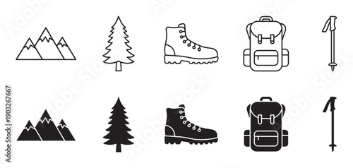 Hiking and camping icon set with mountains, a pine tree, a boot, a backpack, and a trekking pole shown in two styles, black line art and solid silhouette glyphs