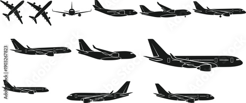 Black airplane silhouette icon set featuring passenger jet aircraft, detailed vector illustrations for aviation design, travel concepts, transportation graphics