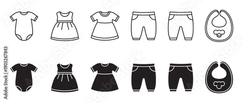 Baby clothes icon set with a bodysuit, dress, pants, and bib in two styles, simple black line art and solid silhouette for newborn and toddler apparel design