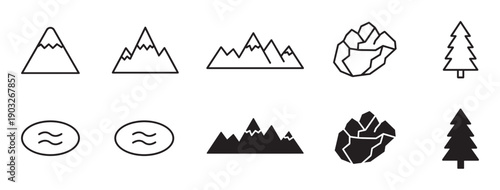 Set of minimalist nature icons featuring mountains, trees, rocks, and water symbols in both clean line art and solid black silhouette styles for graphic design elements