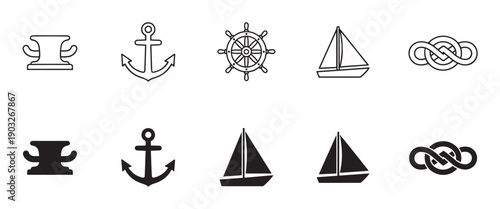 Set of black nautical icons featuring an anchor, ship's wheel, sailboat, mooring cleat, and rope knot, presented in both outline and solid silhouette styles for graphic design