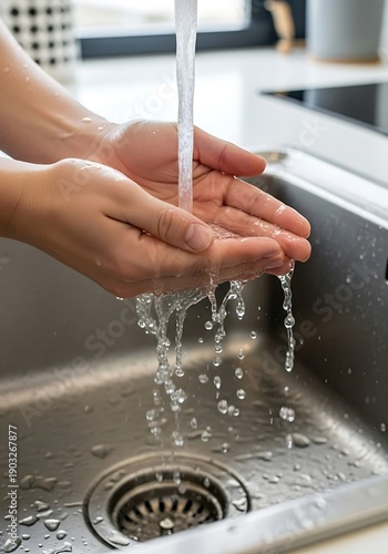 Washing hands under running water in the sink for personal hygiene