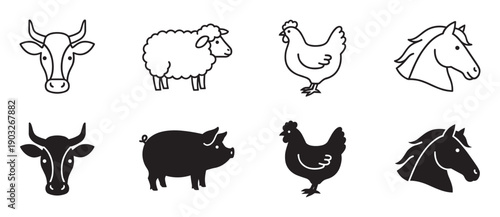 Collection of black farm animal icons with a cow, chicken, and horse in outline and silhouette styles, plus a sheep line art and a pig silhouette