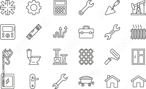 Construction and industrial line icons set with tools equipment maintenance symbols for web app interface design projects vector