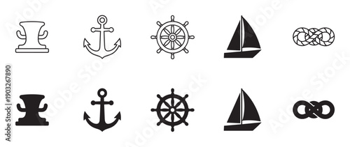 Set of black nautical marine vector icons including an anchor, ship's wheel, sailboat, rope knot, and bollard shown in simple outline and solid silhouette graphic styles