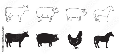 Collection of farm animal icons in black outline and silhouette styles, featuring a cow, pig, sheep, horse, and chicken in a simple, minimalist graphic design illustration