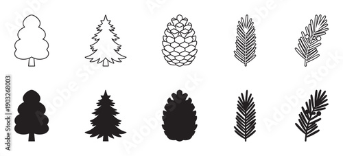 Set of black forest tree icons including pine, fir, cone, and branch designs presented in both minimalist outline and solid silhouette styles for graphic design elements
