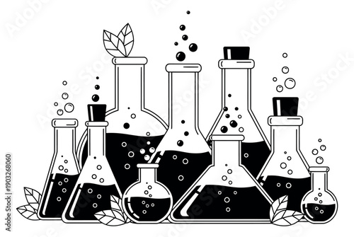 Line art laboratory flask set featuring various shapes, bubbling liquids, and leaves for chemistry and natural science
