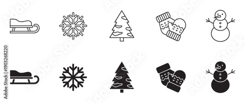Set of black winter holiday icons featuring a sleigh, snowflake, Christmas tree, mittens, and snowman in both line art and solid silhouette styles for graphic design