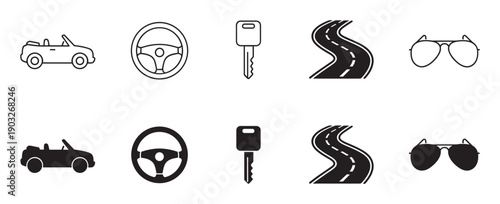 Collection of minimalist road trip icons showing a cabriolet, steering wheel, key, winding road, and sunglasses in two distinct graphic styles, outline and solid