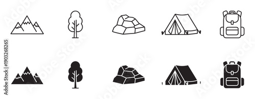 Black camping and hiking icon collection featuring mountain, tree, rock, tent, and backpack symbols in both thin line art and solid silhouette graphic styles