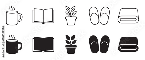 Collection of minimalist home comfort icons including a steaming mug, open book, potted plant, slippers, and towel, shown in both outline and solid black vector styles