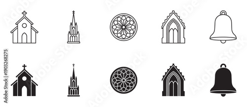 Collection of black religious icons in two styles, line art and solid silhouette, featuring a church, cathedral, rose window, gothic arch, and a classic bell