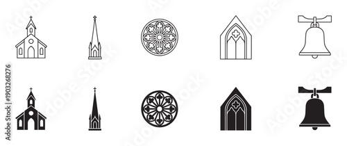 Set of black church and cathedral icons in outline and solid silhouette styles showing a building, steeple, rose window, gothic arch, and bell