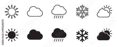Black weather icon collection with simple symbols for sun, cloud, rain, snowflake, and partly sunny conditions presented in both line art and filled vector styles